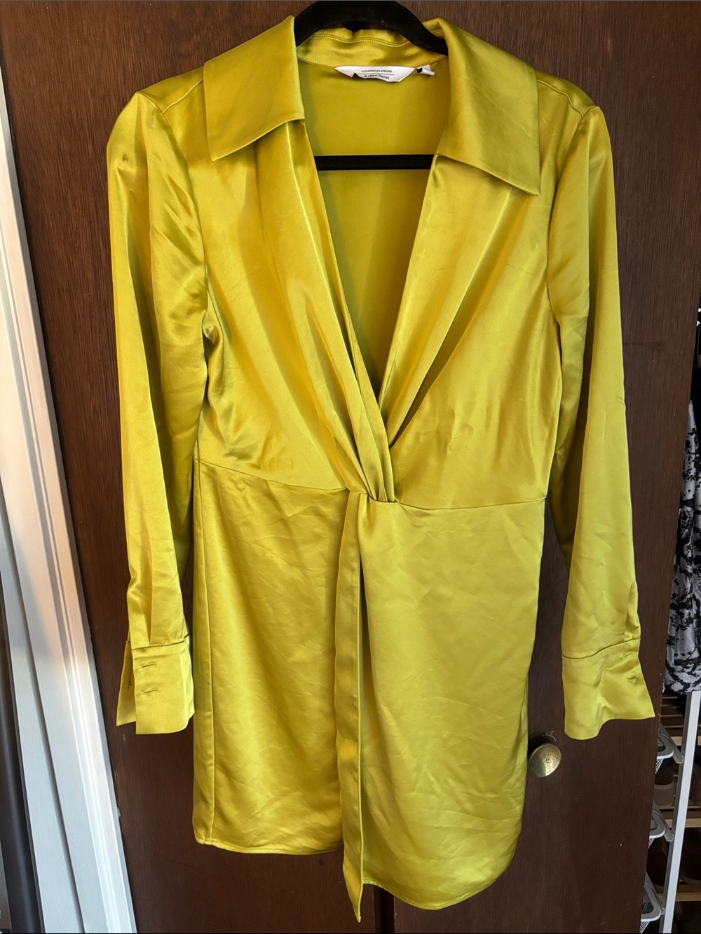 & Other Stories Satin Twist-Front Long-Sleeve Dress in Lime